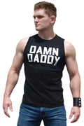 Black sleeveless athletic fit tank top with bold white damn daddy lettering across the chest