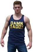 Navy blue tank top with bold yellow damn daddy text across the chest in a casual sleeveless cotton design
