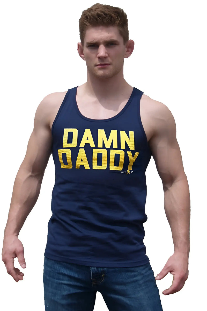 Navy blue tank top with bold yellow damn daddy text across the chest in a casual sleeveless cotton design