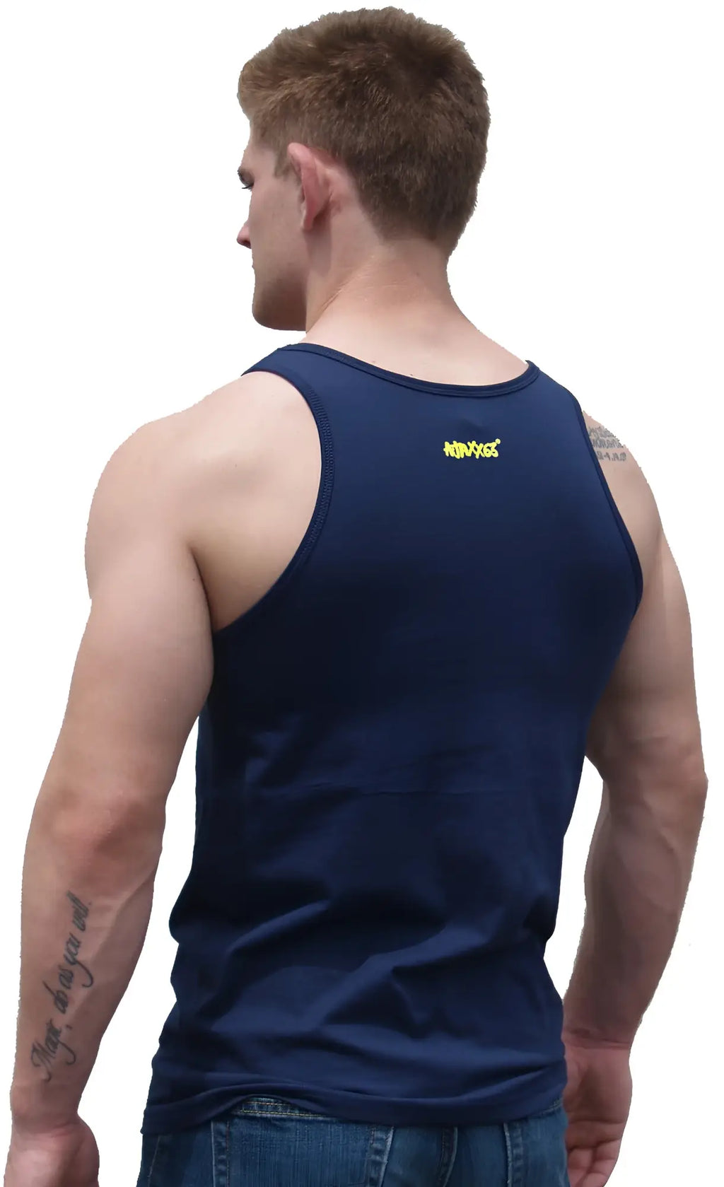 Navy blue sleeveless tank top with a small yellow logo on the upper back shown from the back side