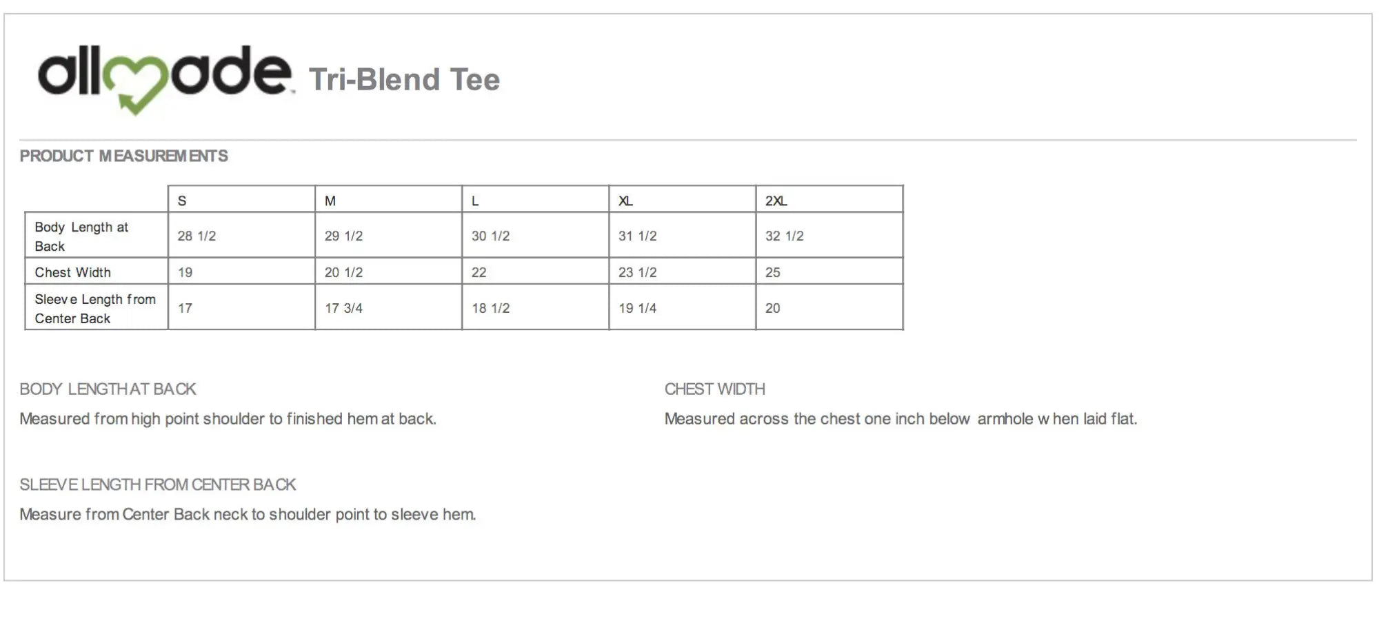 Allmade damn daddy tri-blend tee in heather gray with size measurements table from s to 2xl