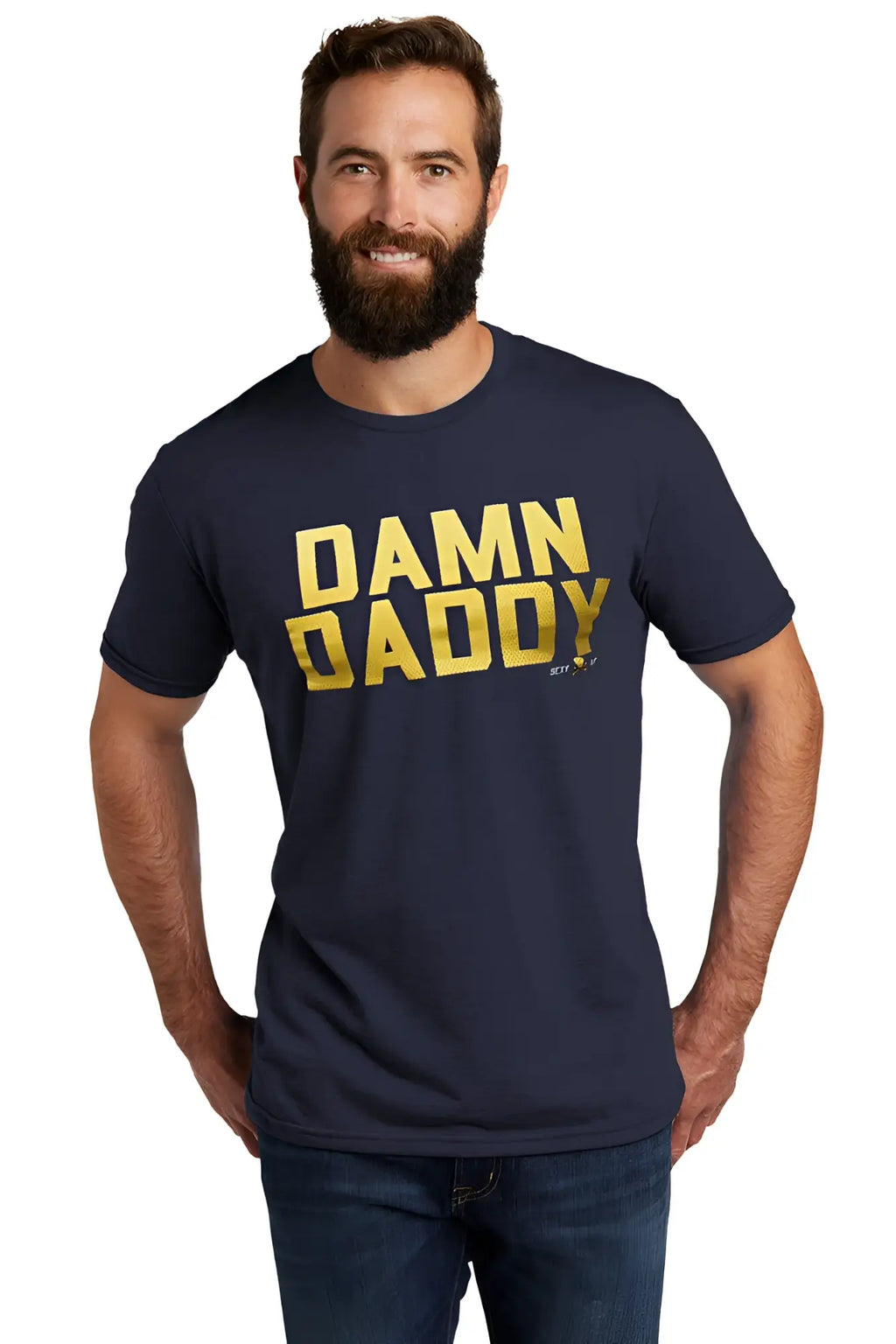 Navy blue cotton tri-blend t-shirt with bold gold foil damn daddy text across the chest for casual wear