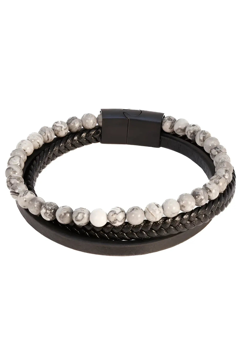 Dandyish fancy bracelet black braided leather with magnetic clasp and alternating gray marbled stone beads