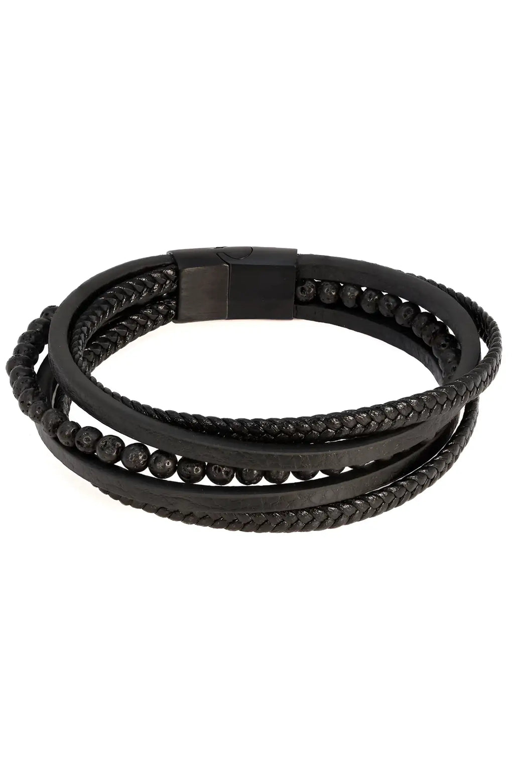Black braided leather dandyish whim bracelet with magnetic clasp and beaded detailing for stylish wear