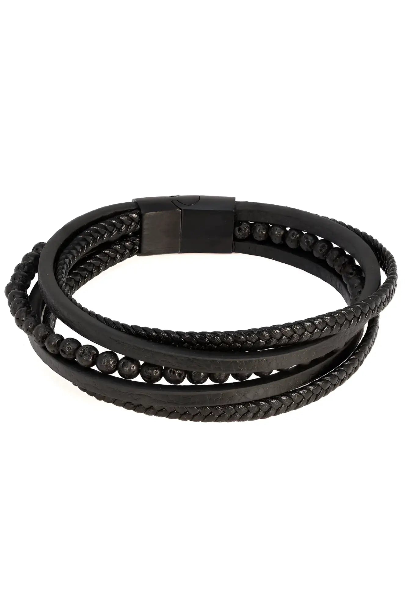 Black braided leather dandyish whim bracelet with magnetic clasp and beaded detailing for stylish wear