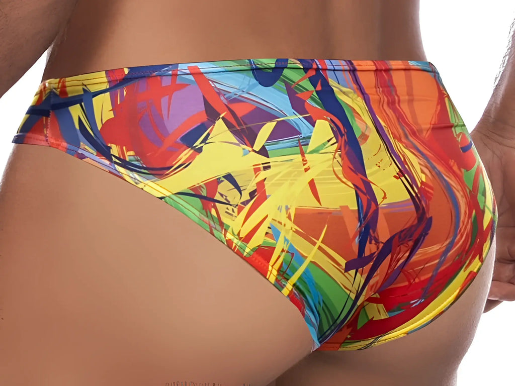 Daniel Alexander DA645 bikini brief with vibrant abstract graffiti pattern in bold reds yellows blues and greens