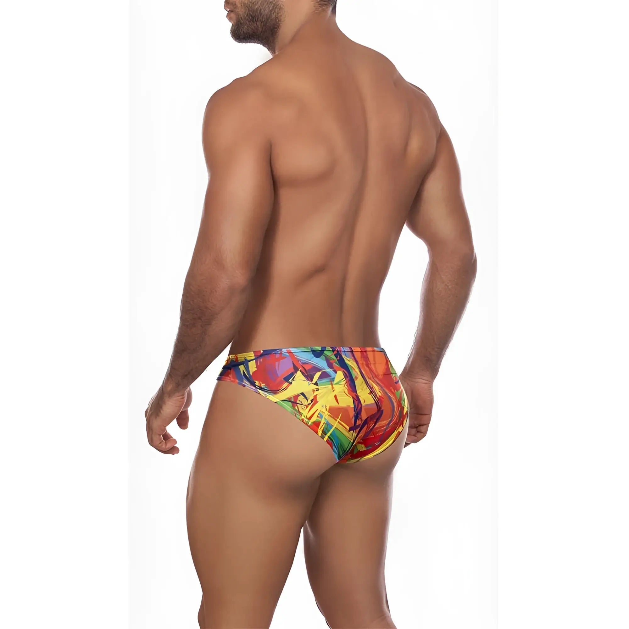 Daniel Alexander DA645 bikini brief swim trunks with vibrant abstract red yellow blue and green patterns for men