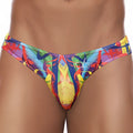 Daniel Alexander DA645 bikini brief vibrant abstract patterned men’s thong in glossy fabric with bold reds blues yellows and purples