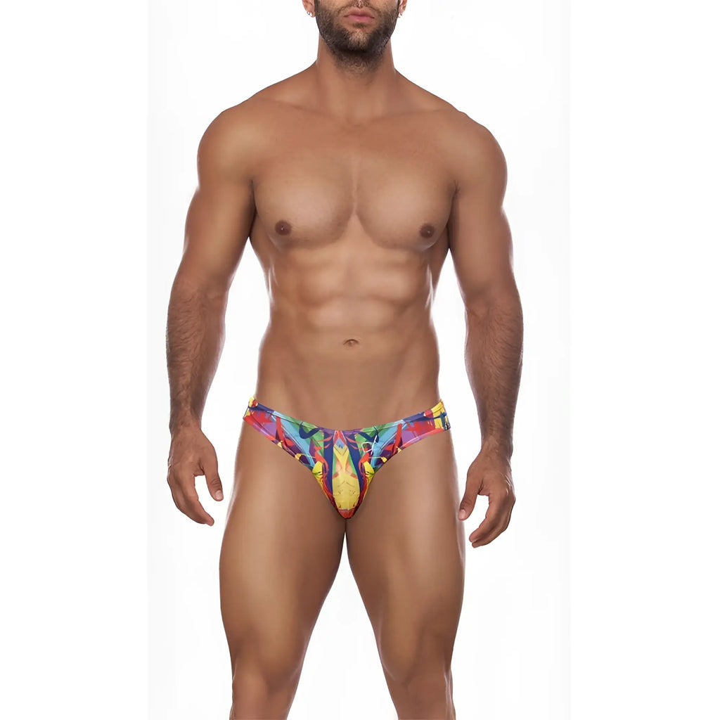 Daniel alexander da645 bikini brief vibrant geometric patterned swim trunks in red blue yellow and purple colors