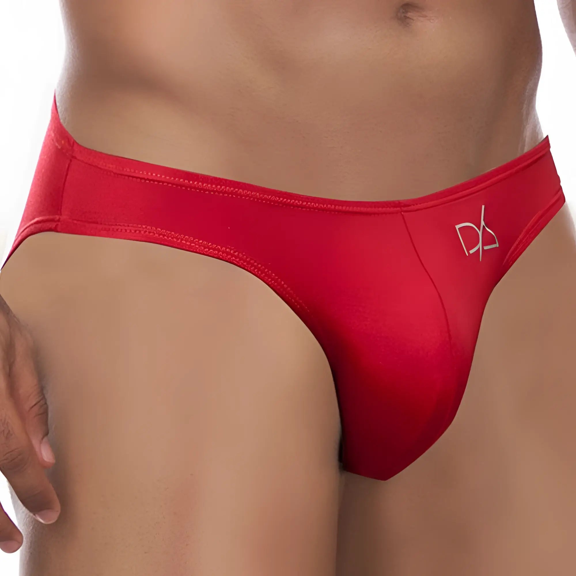 Red men’s Daniel Alexander DA648 bikini brief thong with subtle white logo on the side in soft fabric