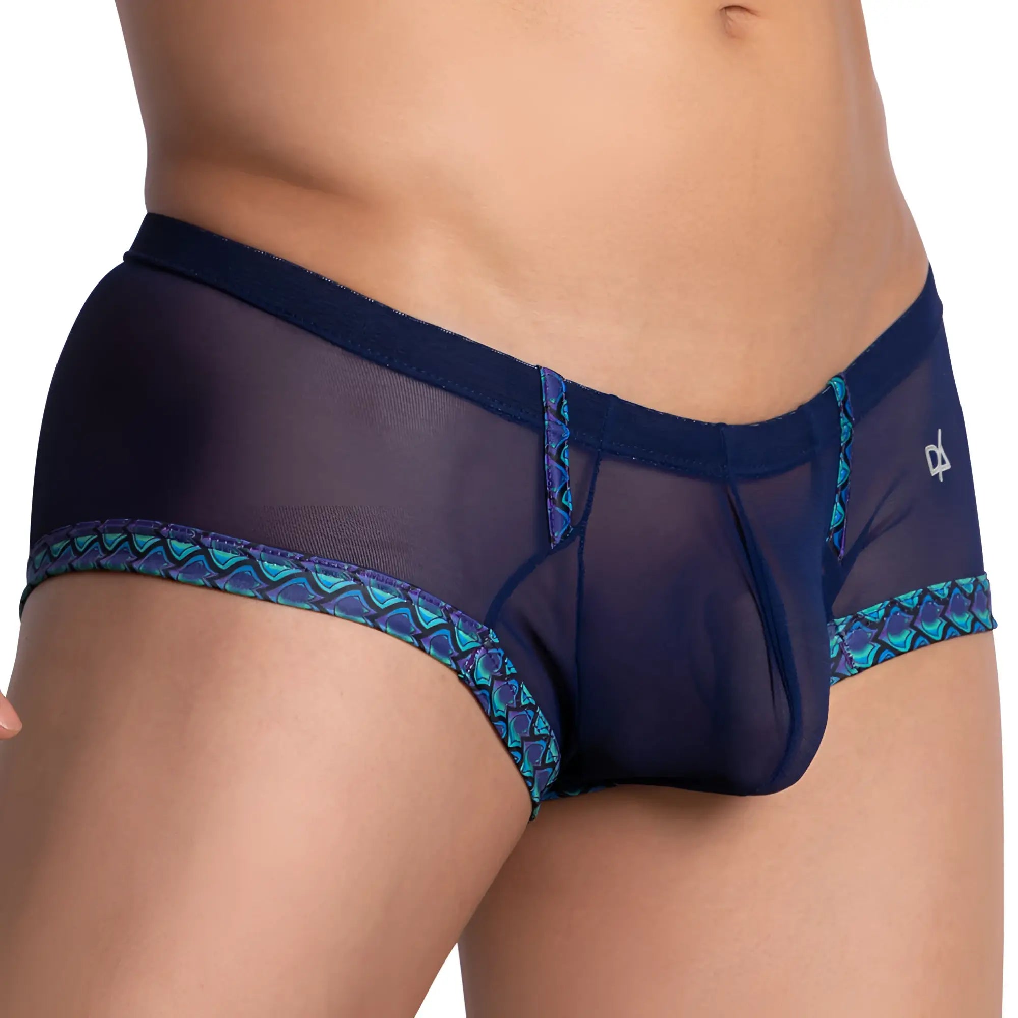 Dark blue sheer mesh daniel alexander dag007 bikini brief with teal and purple geometric trim front view