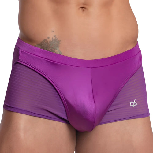 Purple satin-like Daniel Alexander DAG009 boxer trunk briefs with sheer mesh panels and a small white logo on the side