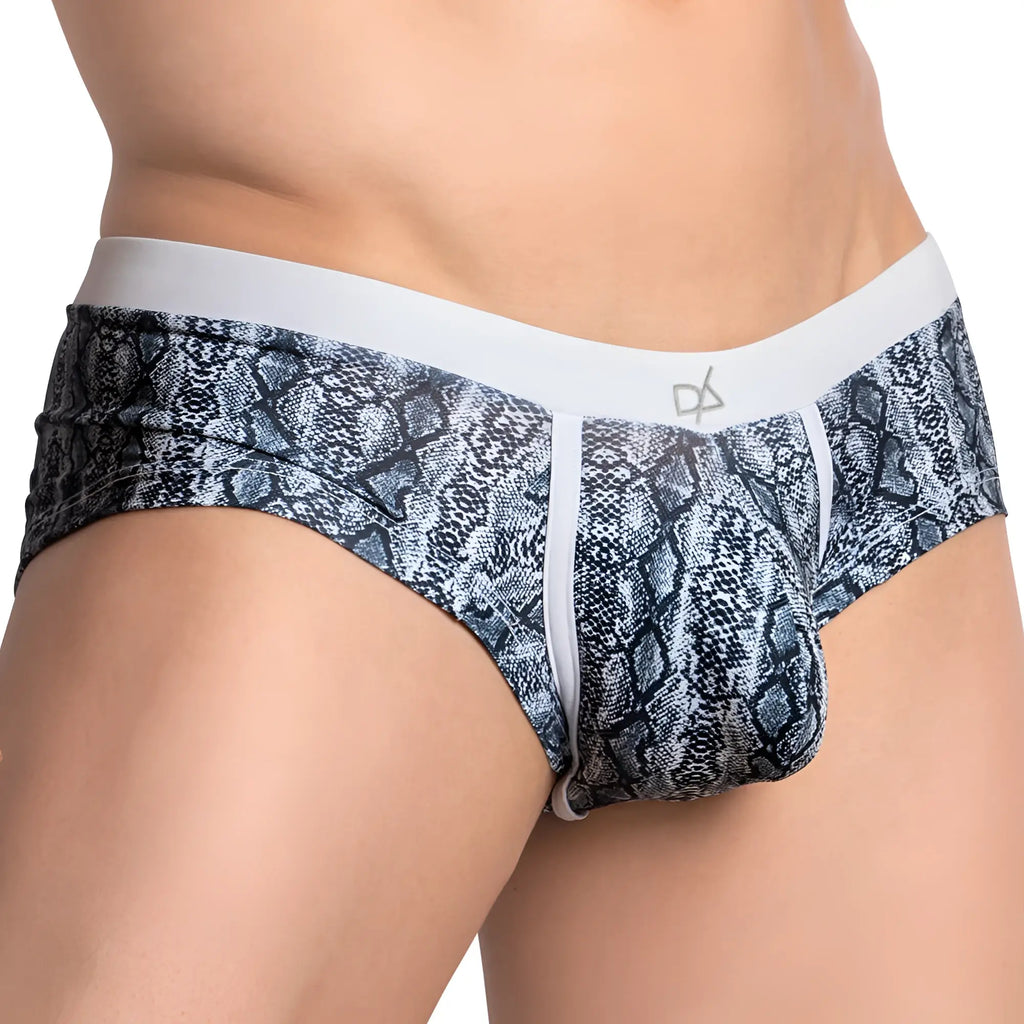 Daniel Alexander DAG010 brief in gray and black snake-scale pattern with white elastic waistband for men