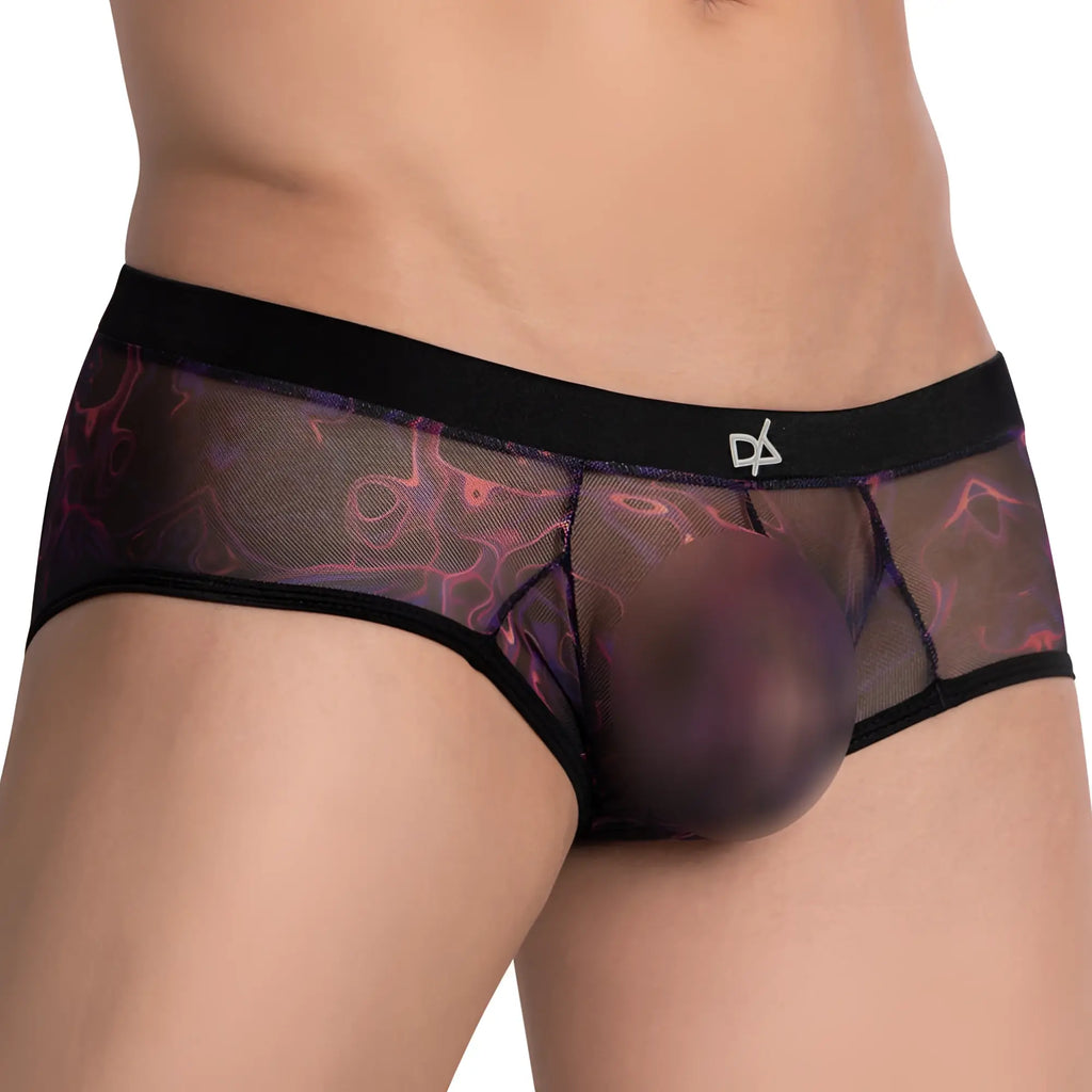 Daniel Alexander DAG012 bikini brief black mesh with a translucent iridescent purple and pink abstract pattern