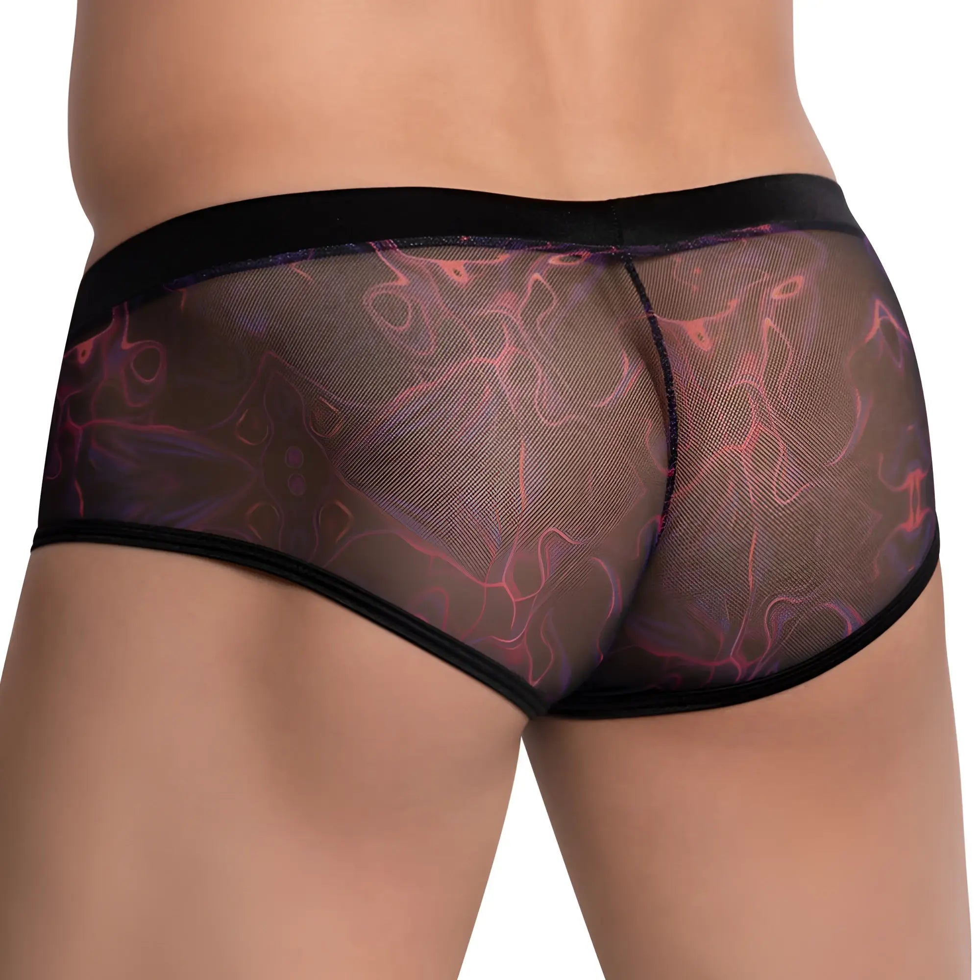 Daniel Alexander DAG012 bikini brief in black mesh with a translucent swirling pink and purple abstract pattern