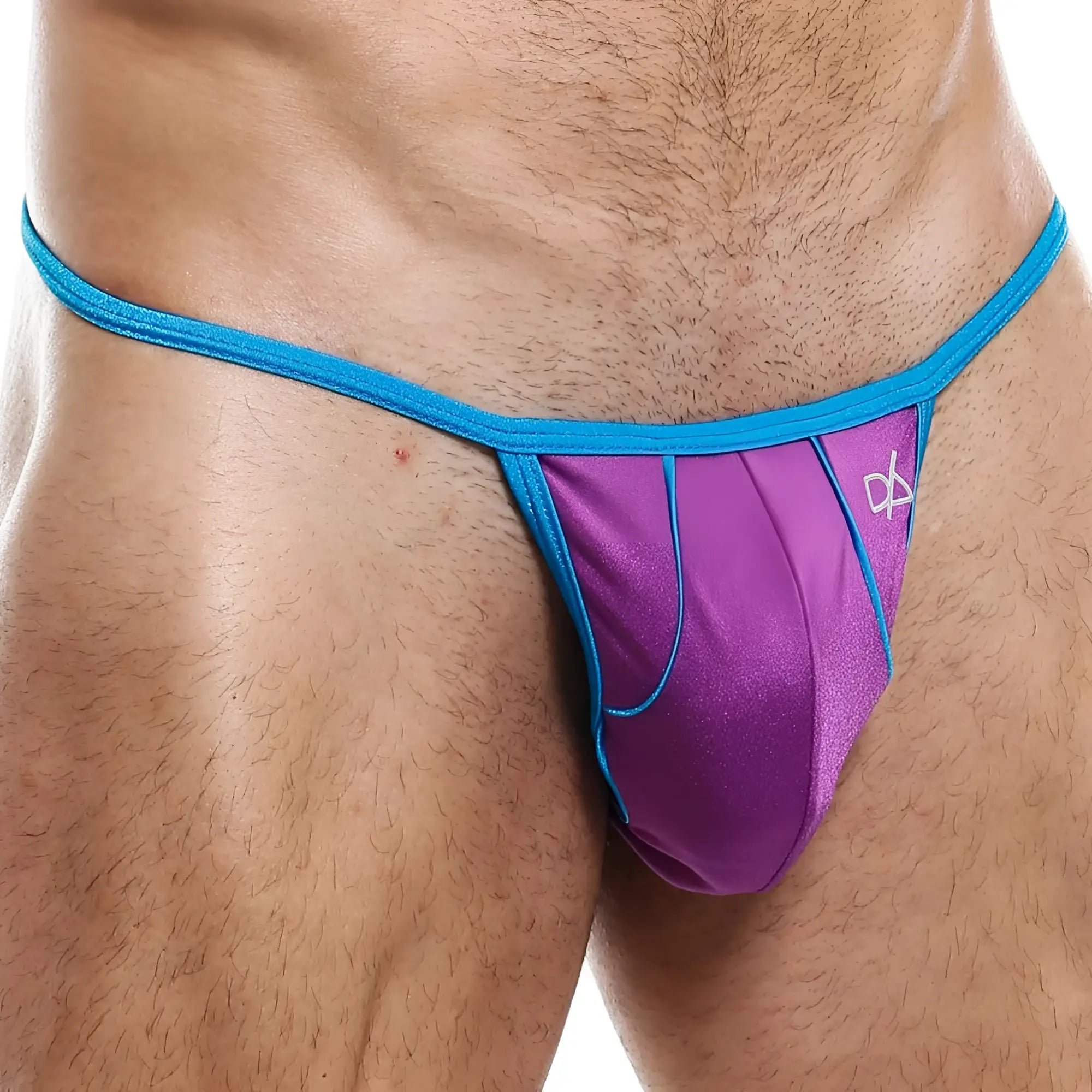 Daniel Alexander DAI057 bikini brief thong in vibrant purple and blue with shiny stretchy fabric finish shown from back