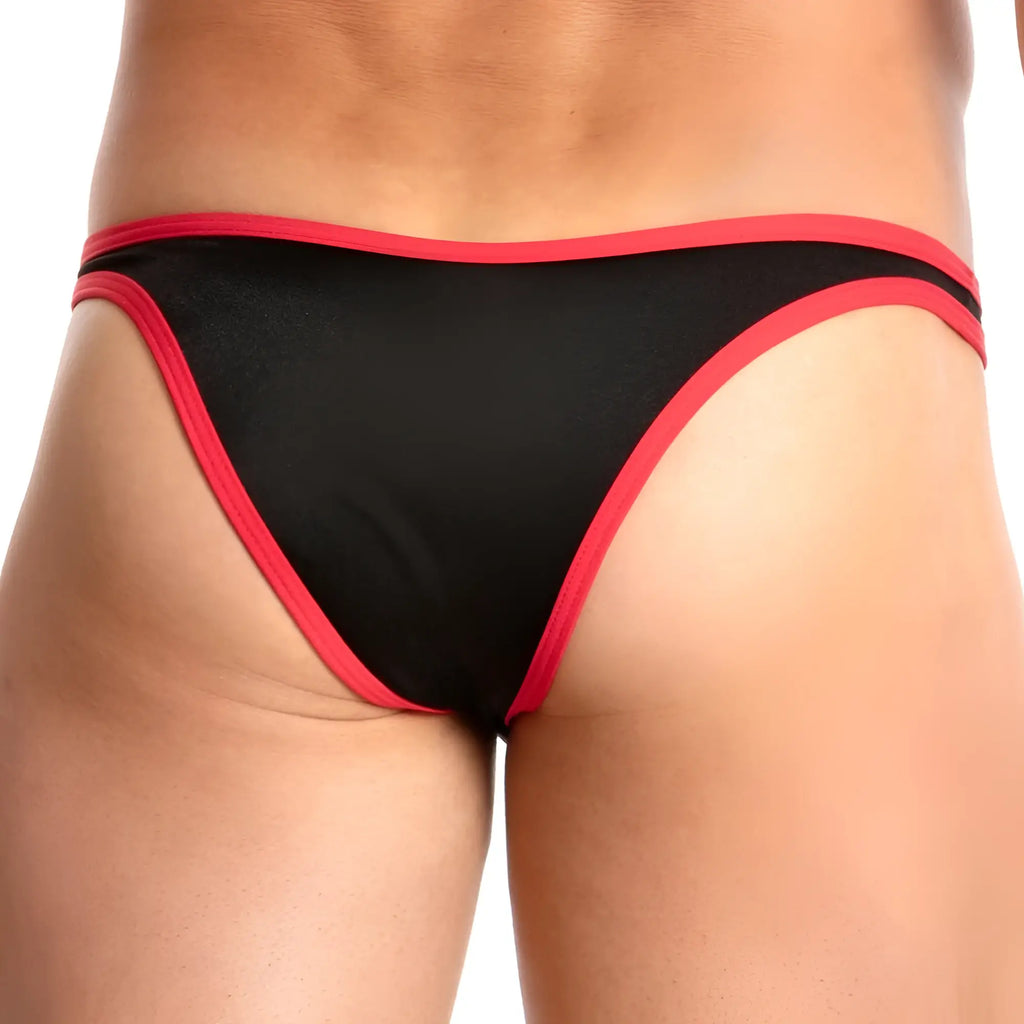 Black thong bikini brief with bold red trim by Daniel Alexander DAI061 showing the front side