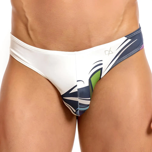 Daniel Alexander DAI065 bikini brief in white and navy blue swim trunks with bold green and white graphic design