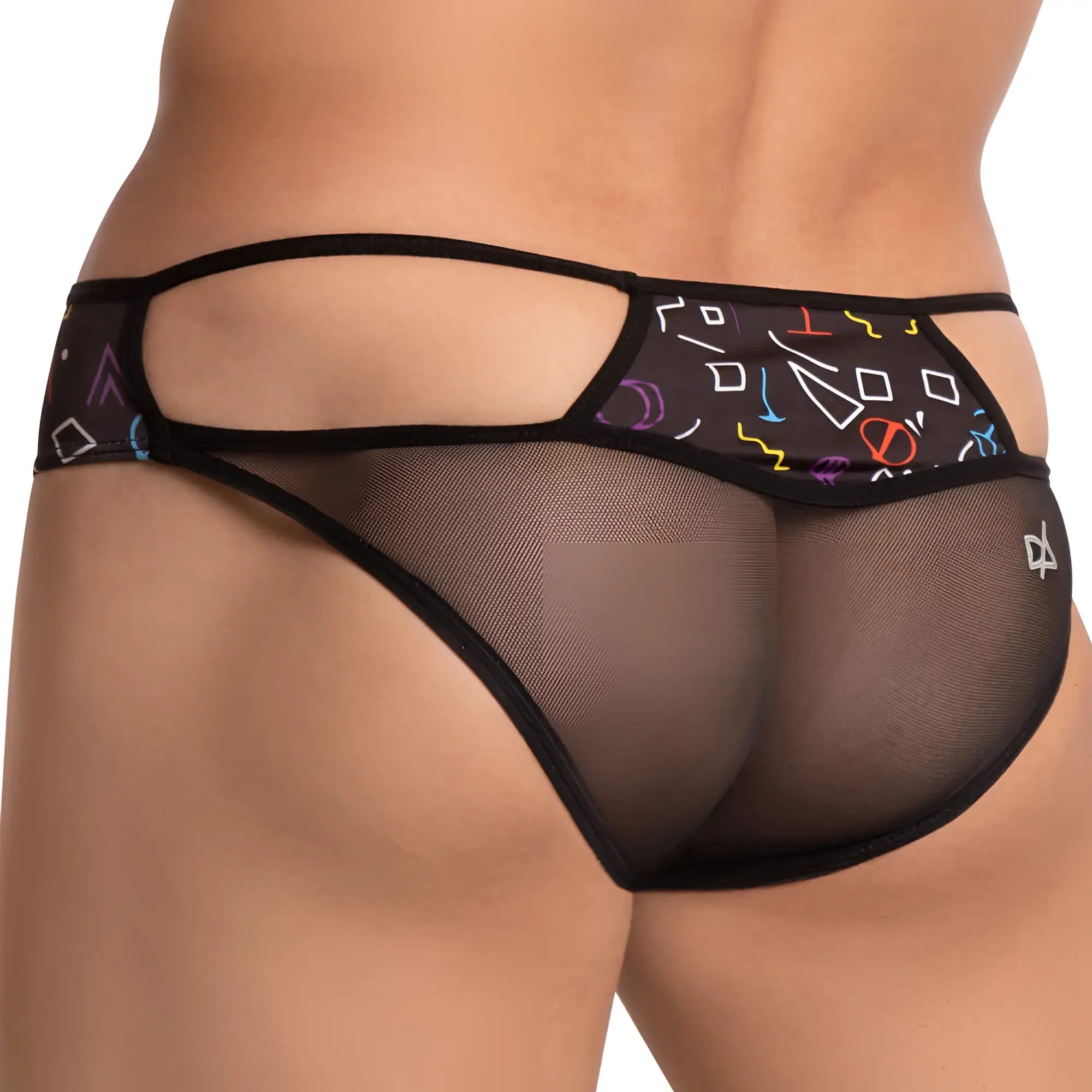 Daniel Alexander DAI071 bikini brief in black mesh with colorful geometric patterns and cutout design