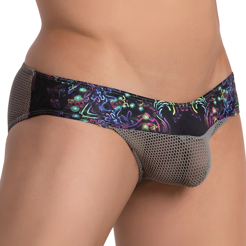 Daniel Alexander DAI073 bikini brief in black and gray mesh with vibrant neon abstract glowing shapes pattern