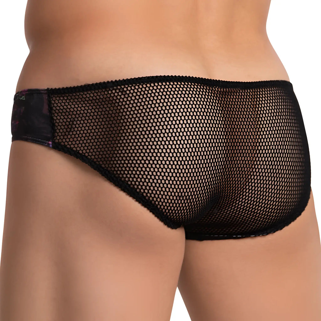 Daniel Alexander DAI073 bikini brief black mesh fabric with subtle patterned waistband front view