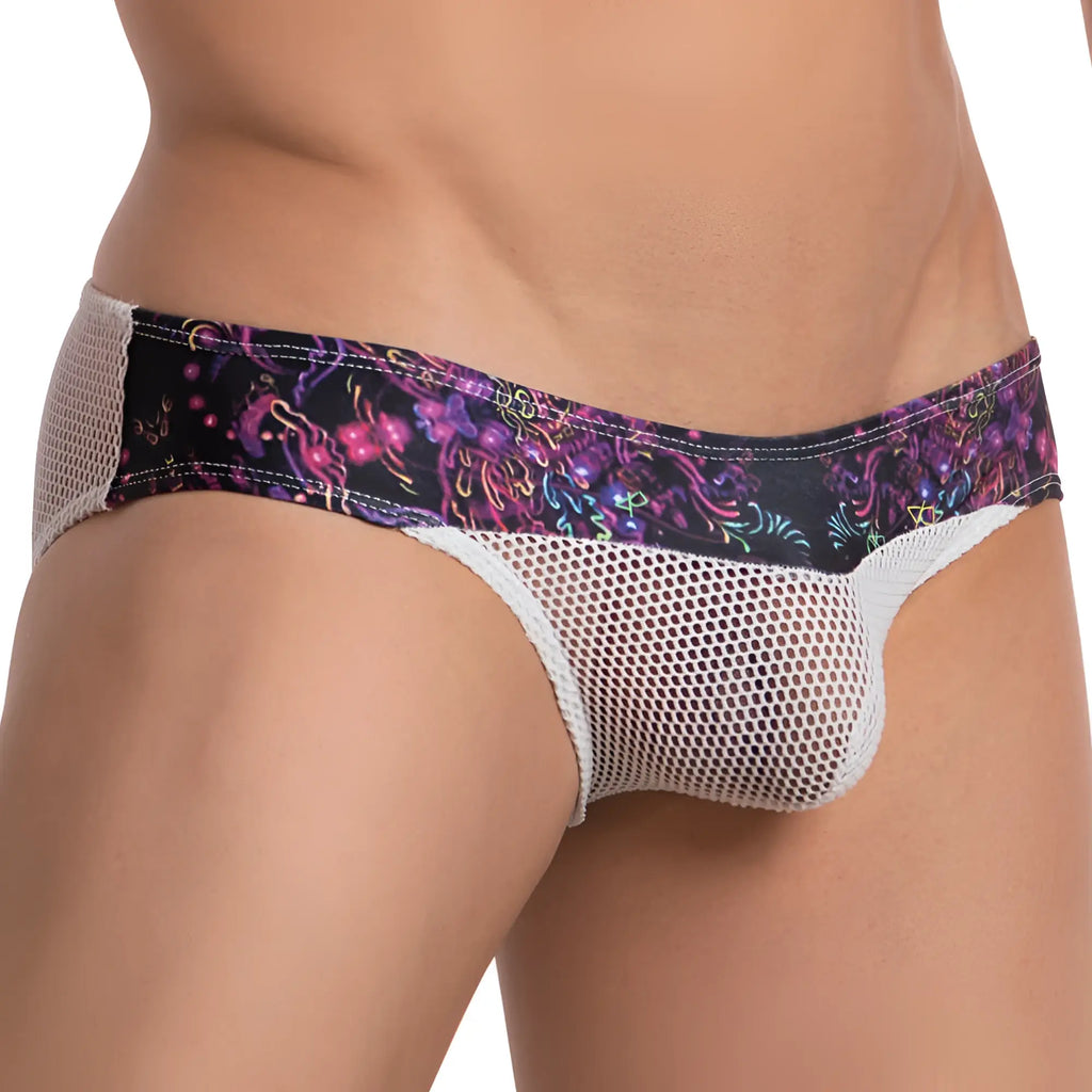 Daniel Alexander DAI073 bikini brief in purple neon floral mesh with white elastic waistband, front view