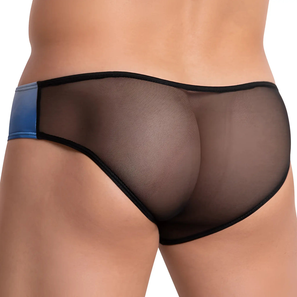 Daniel Alexander DAI076 bikini brief in black mesh with blue left panel and black trim for comfortable wear