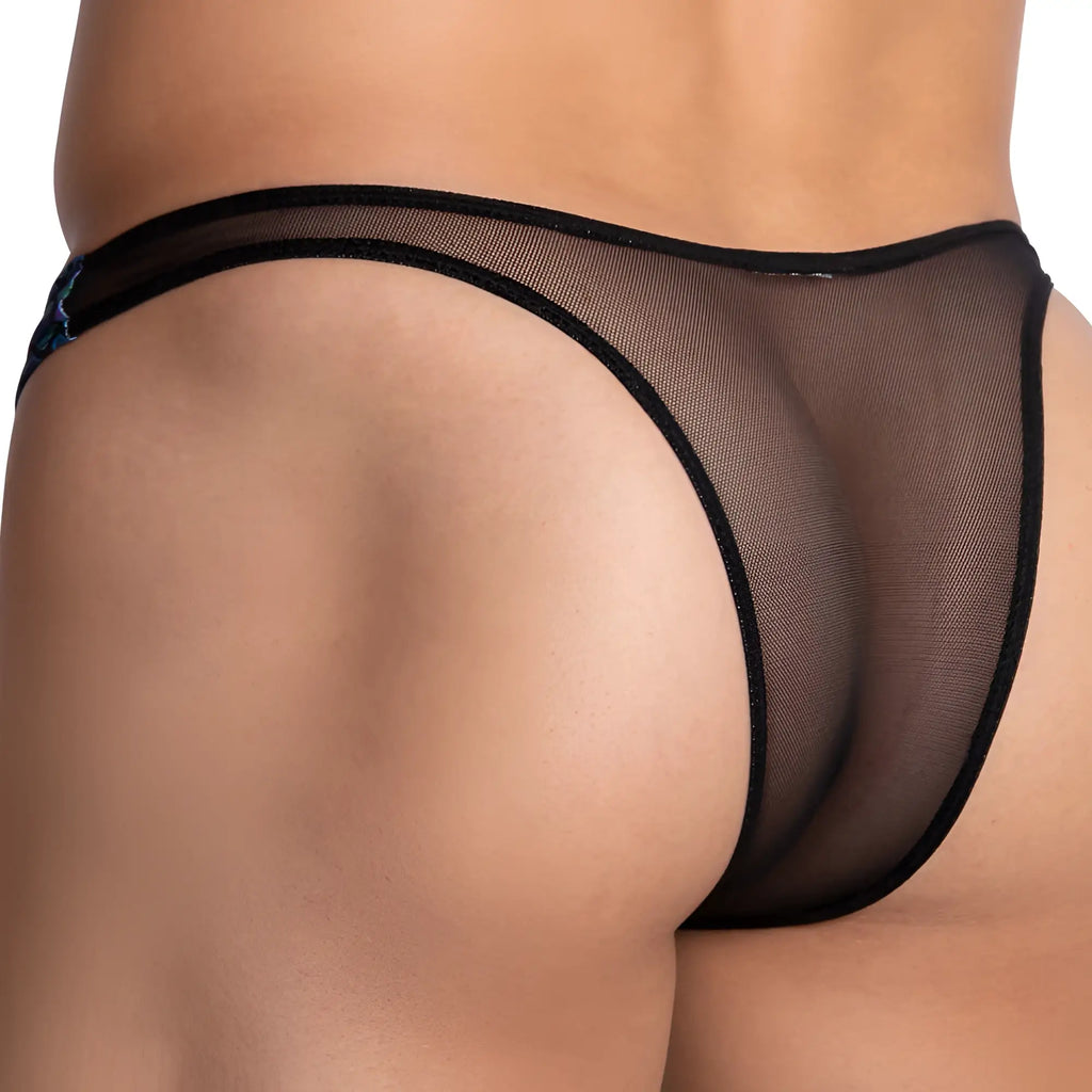 Black sheer mesh thong bikini brief by Daniel Alexander with subtle blue patterned accent on the side