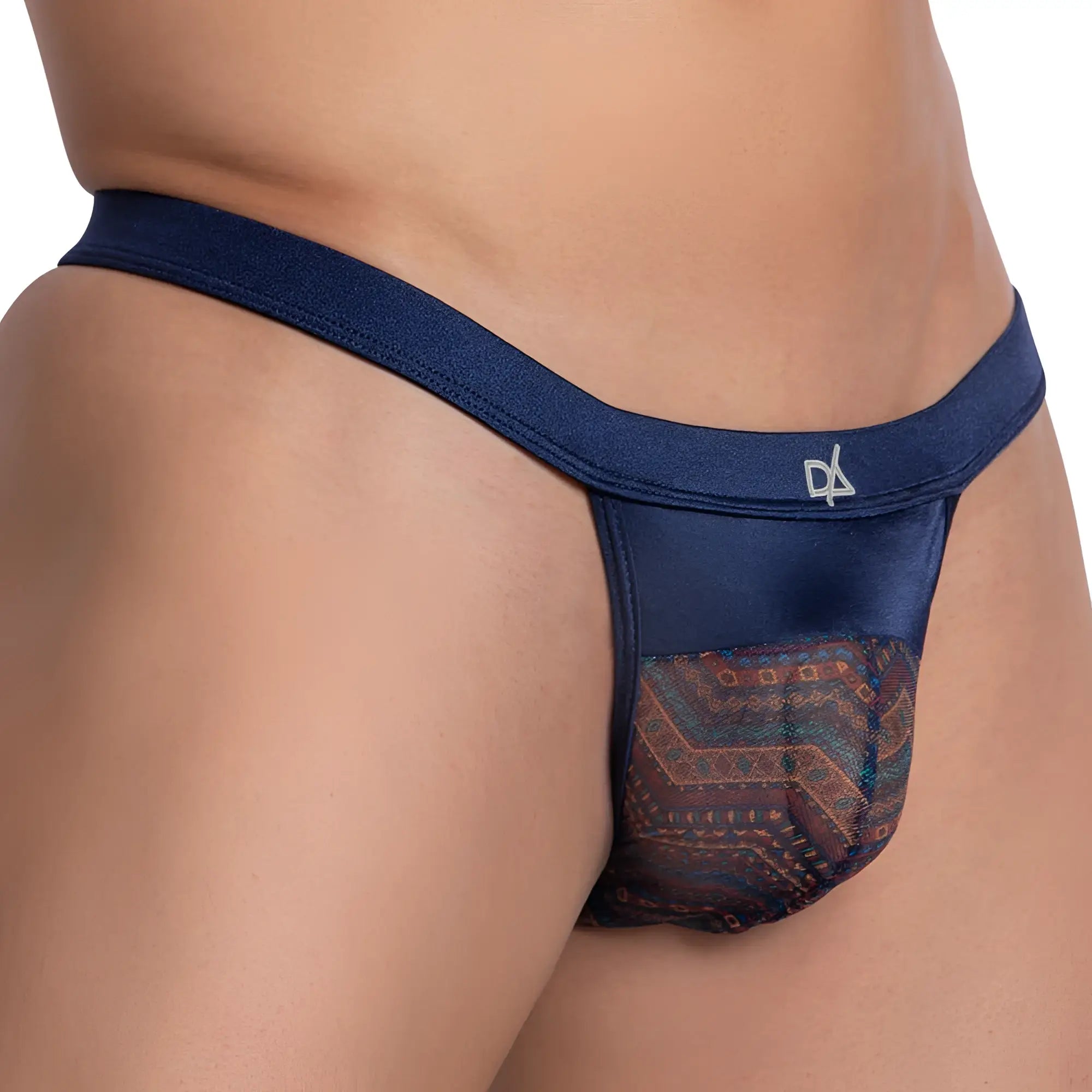 Navy blue Daniel Alexander DAI081 bikini brief thong with sheer geometric patterned panel in earthy tones