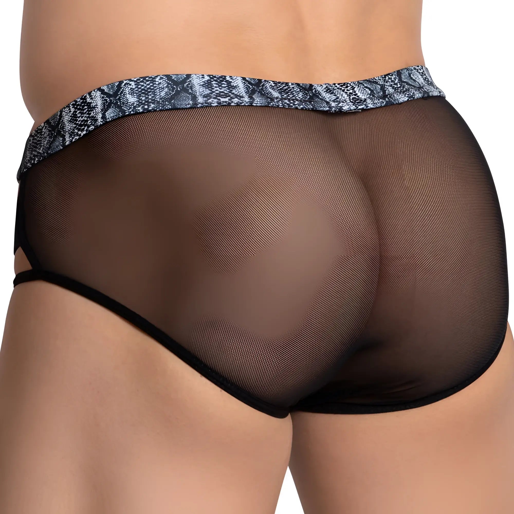 Black mesh briefs with a gray and black snake print waistband by Daniel Alexander DAI088 brief