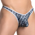 Daniel Alexander dai089 men’s thong in gray and black snake-scale pattern with white trim, front view