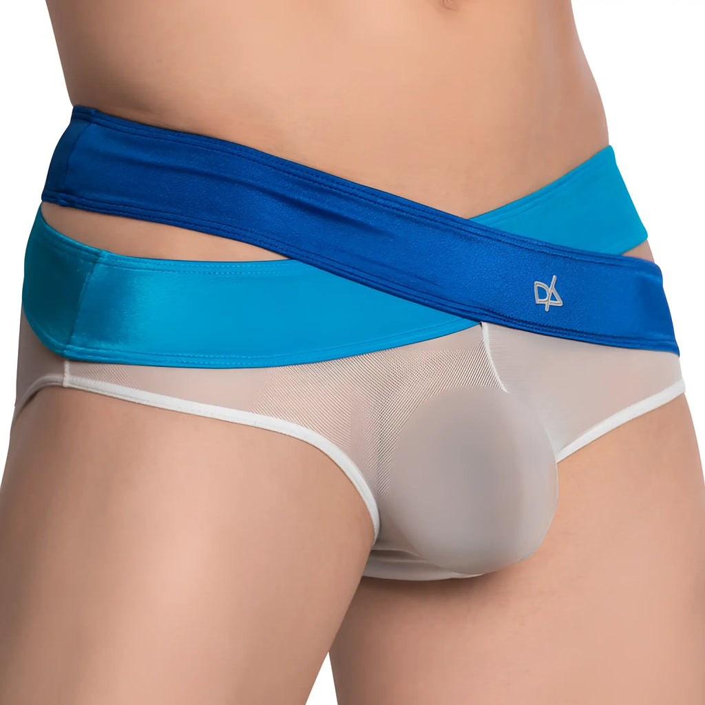 Blue and teal satin-trimmed mesh bikini briefs with white logo waistband by daniel alexander dai090