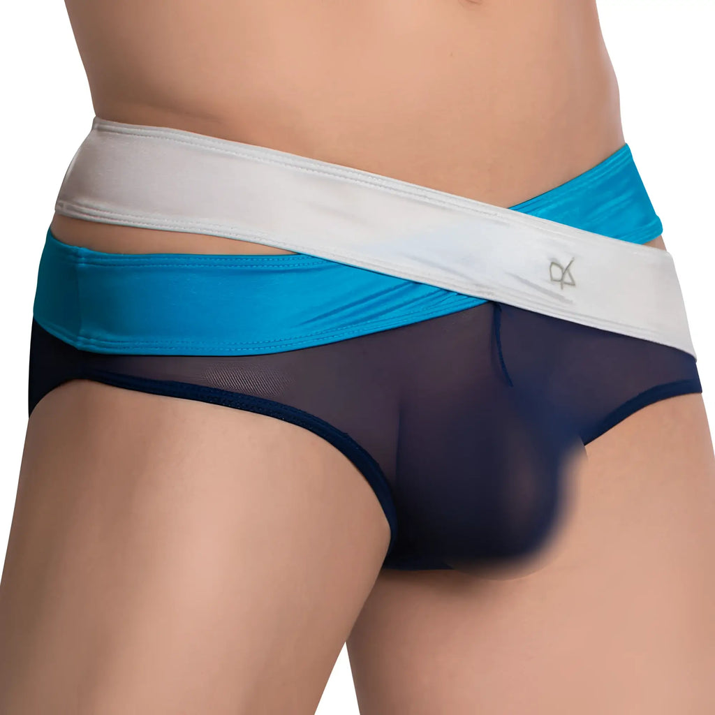 Daniel Alexander DAI090 bikini brief in blue and white mesh with sheer dark navy interior for lightweight comfort