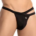 Black sleek form-fitting thong bikini brief by Daniel Alexander with distinctive double strap waistband design