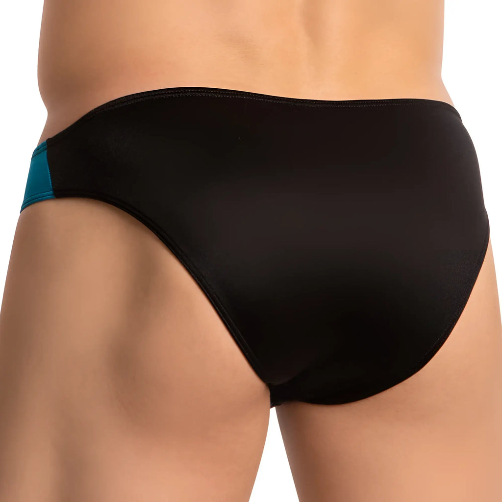 Black daniel alexander dai096 bikini brief swim trunks with teal side seam accent for swimming and beachwear
