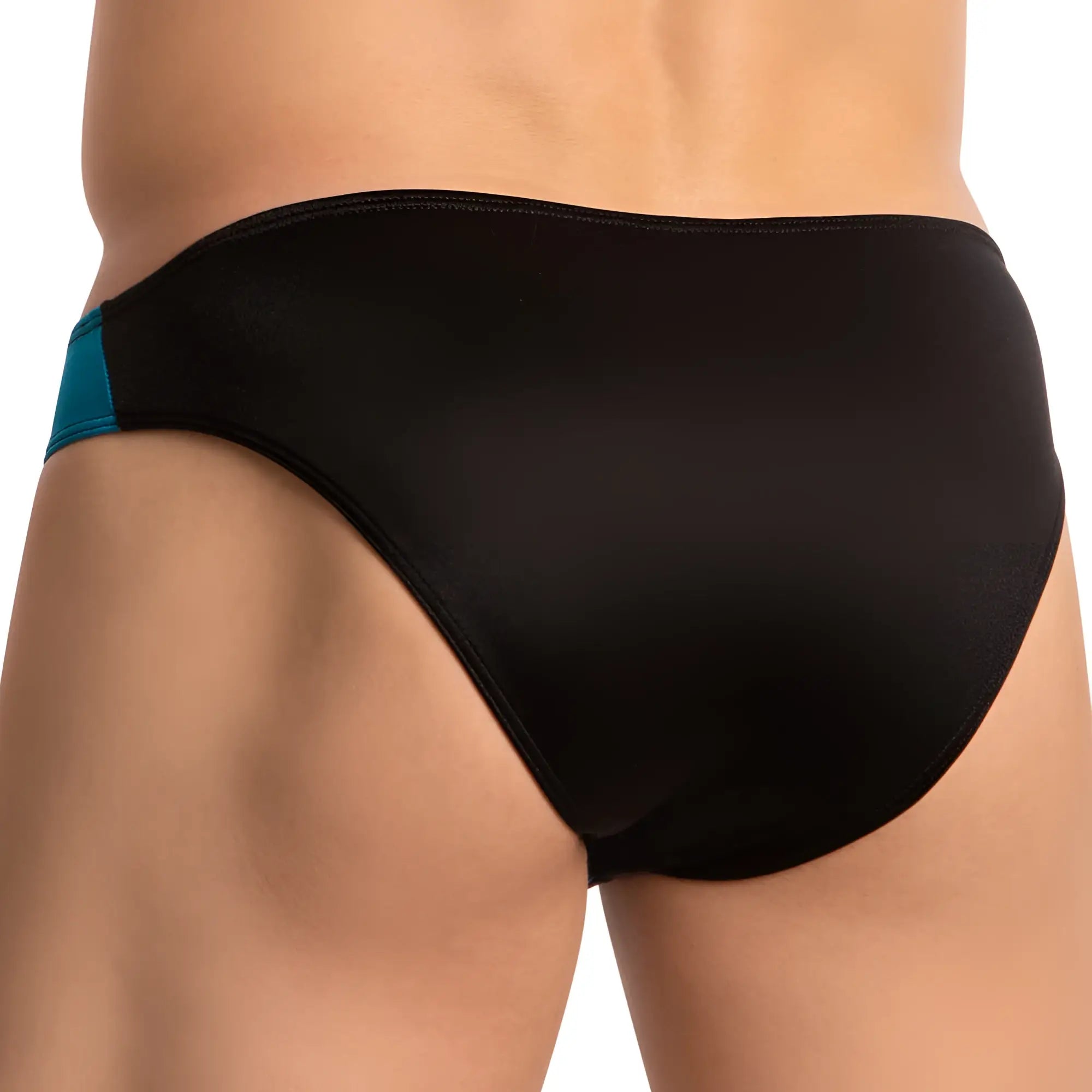 Black daniel alexander dai096 bikini brief swim trunks with teal side seam accent for swimming and beachwear