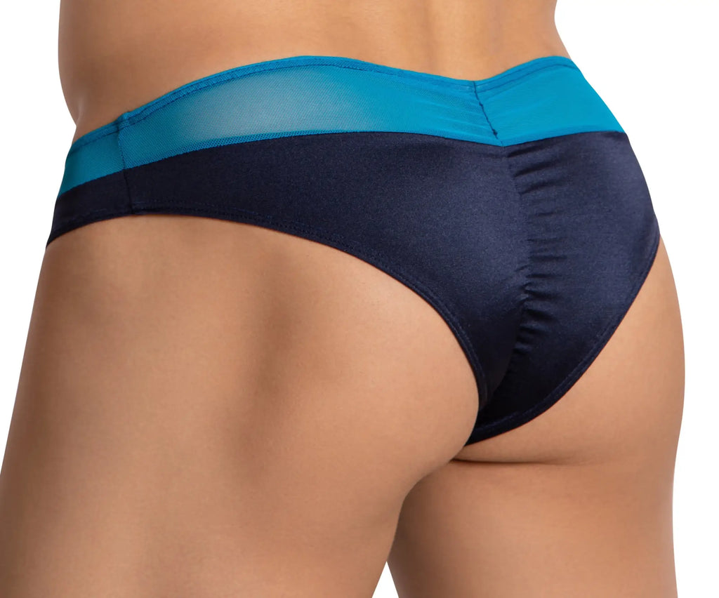 Navy blue and teal mesh trimmed satin finish bikini briefs by daniel alexander shown from the back side