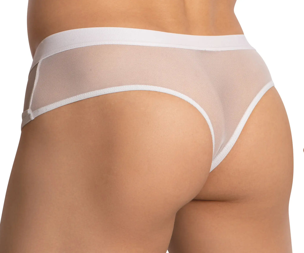 White mesh thong bikini brief with solid white waistband and trim by daniel alexander model dai098