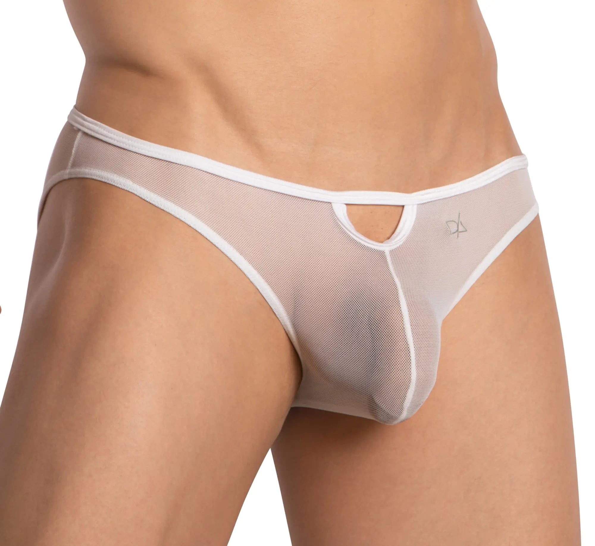 Daniel alexander dai099 bikini brief white mesh briefs with white trim and central cutout detail front side