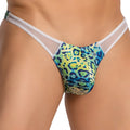 Daniel Alexander DAI100 bikini vibrant blue and green leopard-print thong with white mesh side panels front view