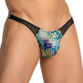 Daniel Alexander DAI100 bikini briefs in vibrant translucent fabric with bold blue green purple leopard print and black mesh trim
