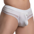 White sheer mesh bikini briefs by daniel alexander with solid white waistband and subtle side panels