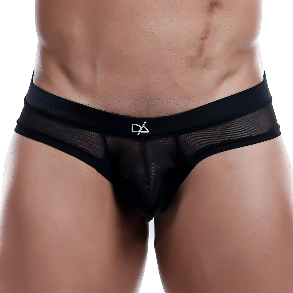 Daniel Alexander DAK027 black mesh thong with solid black waistband featuring white logo front view