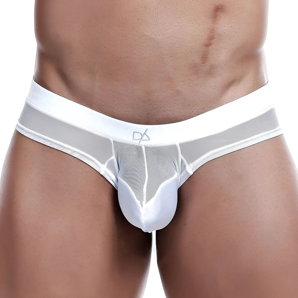 Daniel Alexander DAK027 thong white mesh briefs with solid front panel waistband and subtle logo on the band