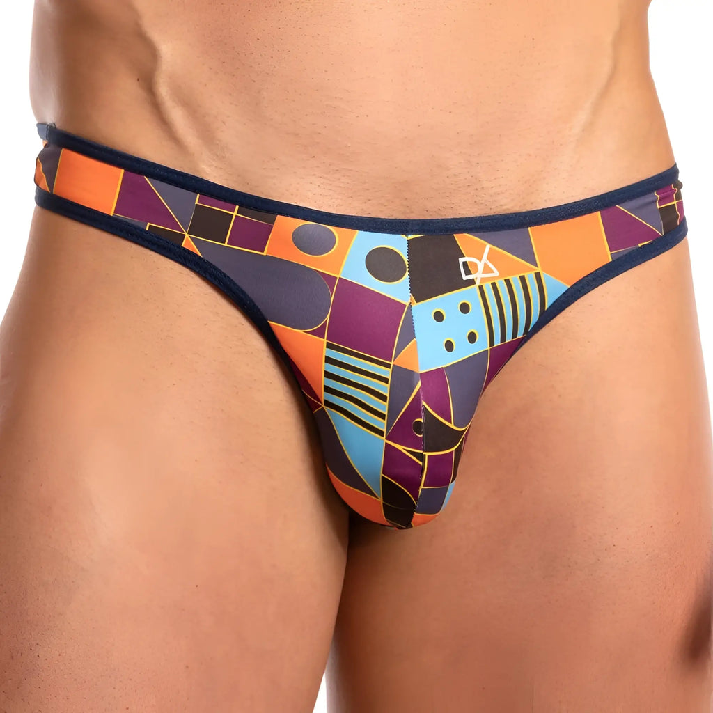 Daniel Alexander DAK051 thong vibrant geometric patterned men’s briefs in orange purple and blue with navy trim