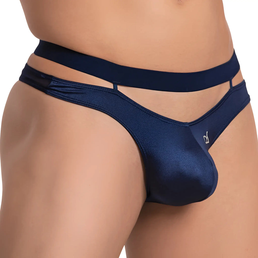Navy blue satin thong with dual elastic waistband and hip logo by Daniel Alexander DAK058 shown from the back