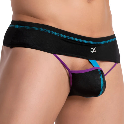 Black men’s thong daniel alexander dak060 with purple and teal accents supportive design and branded logo visible
