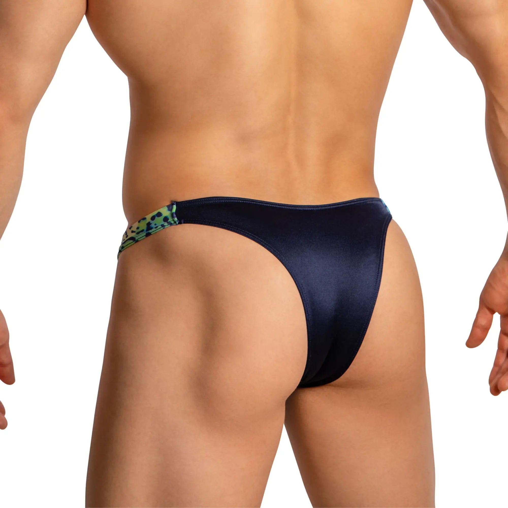 Daniel Alexander DAK077 thong in navy blue satin with green and black leopard print waistband accent front view