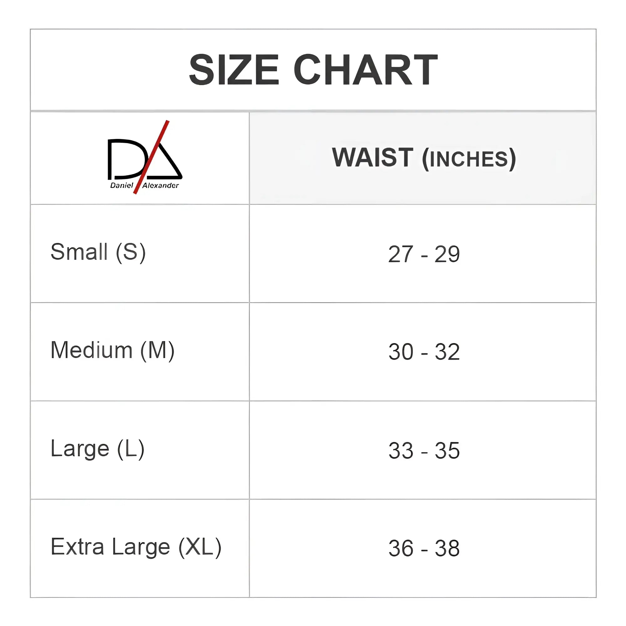 Daniel Alexander DAL042 G-String size chart showing waist measurements in inches for precise fitting guidance