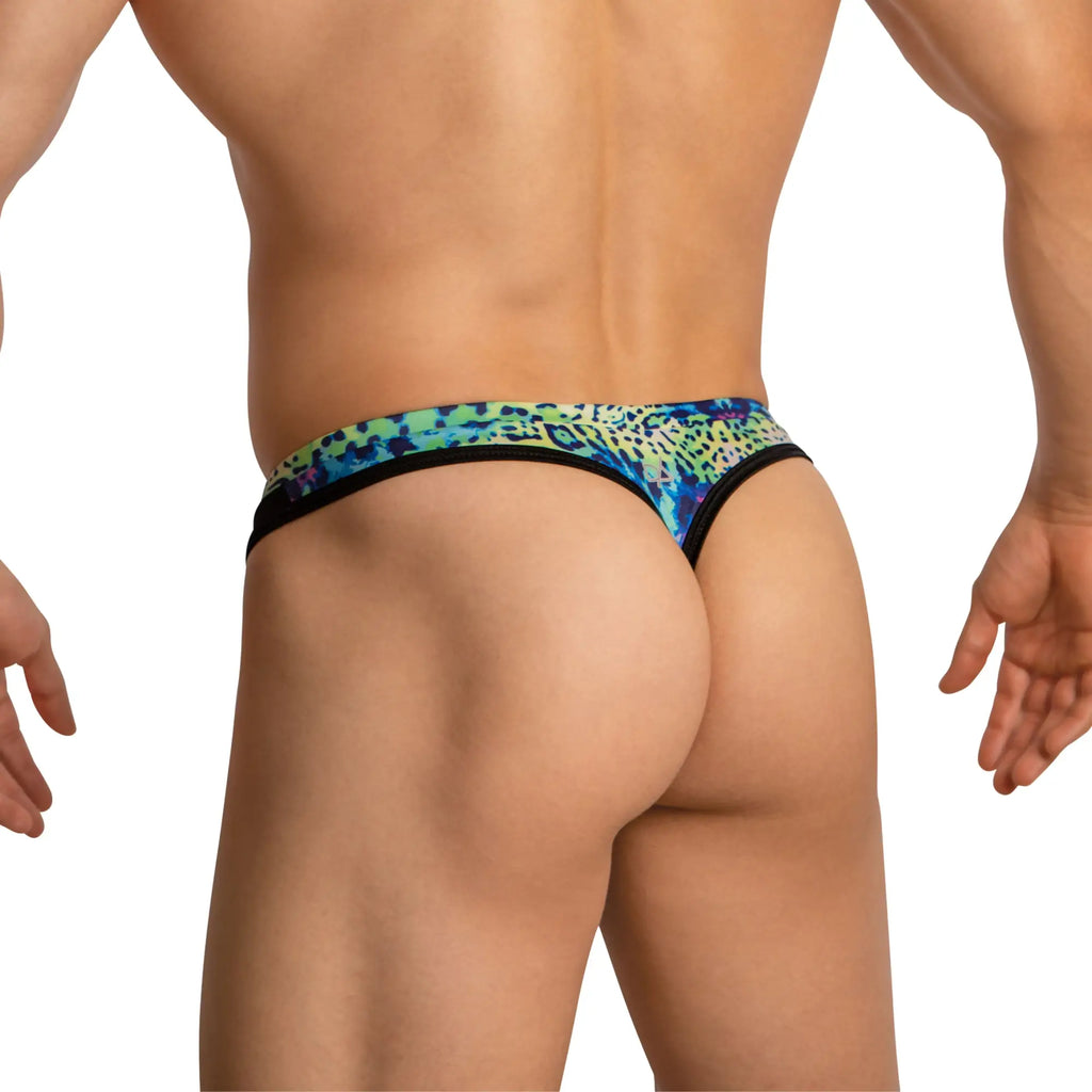 Daniel Alexander DAL053 g-string vibrant blue and green leopard-print thong with black trim showing front side